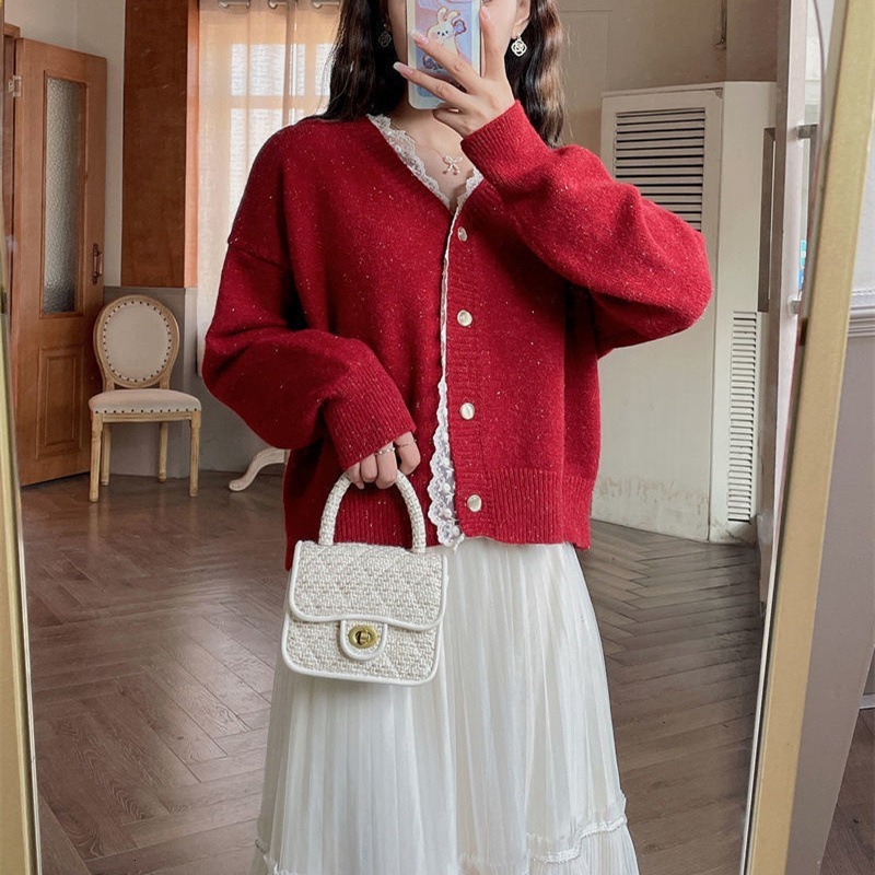 Korean Sweet Knitted Cardigan V Neck Contrasting Color Youthful Gentle Design Button Soft And Sticky Jacket Sweater Top F1025#46