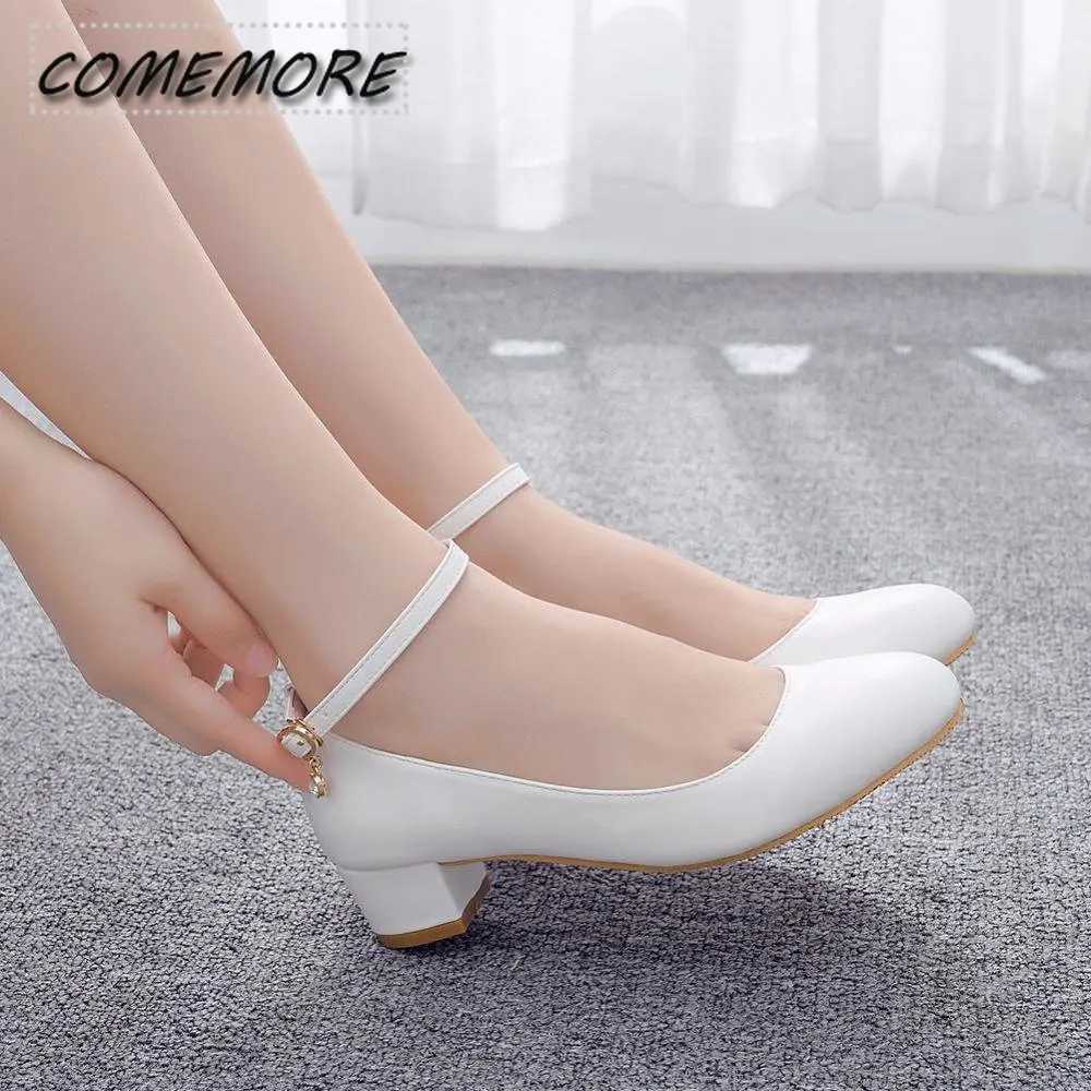 High Quality Crystal Queen White Womens Shoes Sexy Bridal Party 3CM Pointed Toe Pump Round Head Shallow Mouth Buckle Thick High Heels Spring T241024