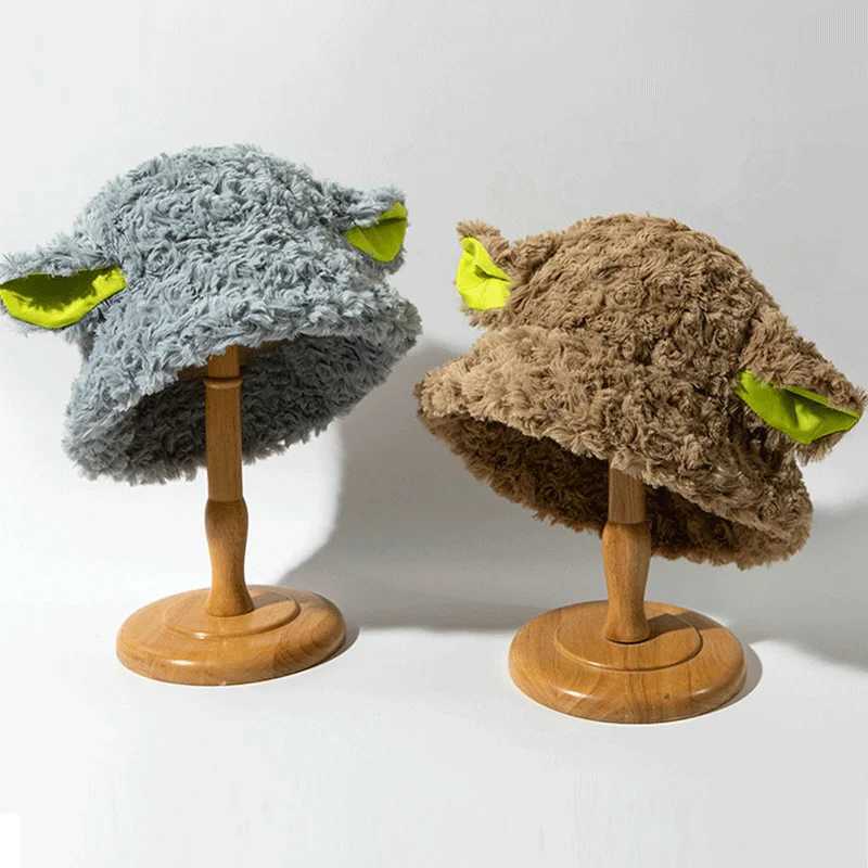 Girls Women Y2K Bucket Hat Cute Lambs Sheep Ear Wool Plush Panama Femae Faux Fur Soft Fisherman CapX241025