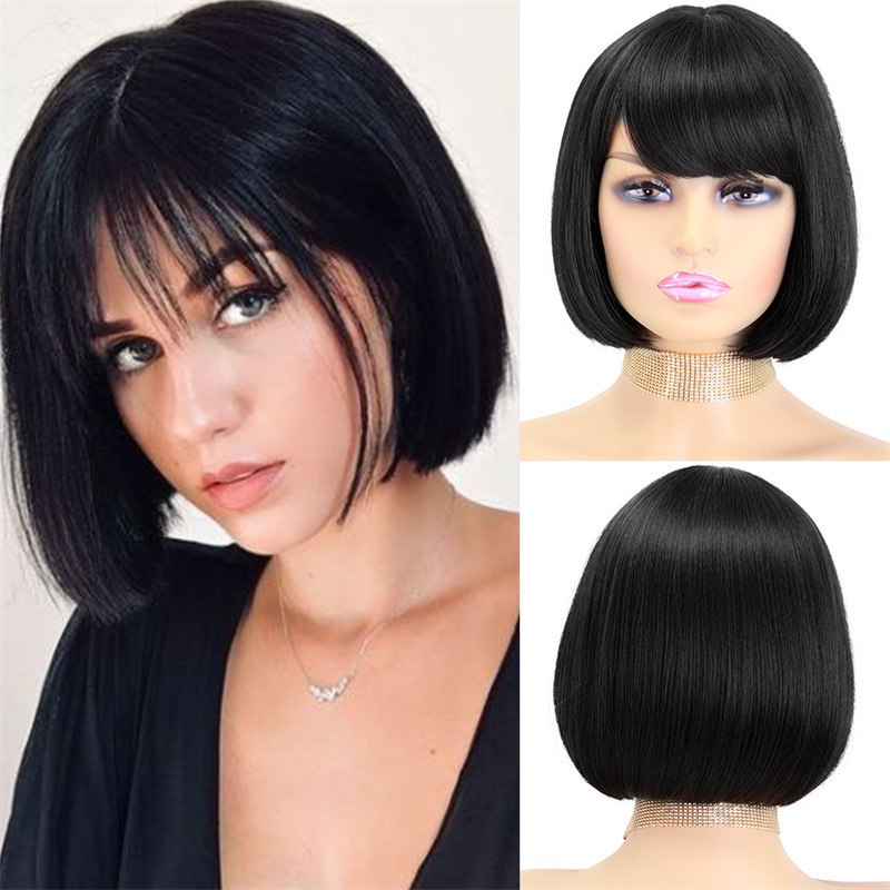 Wig for women black bangs short straight BOBO synthetic fiber wig full headpiece