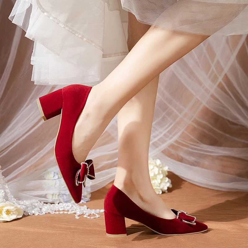 High Quality Womens Spring/Summer New Red Rhine Bow Large Wedding Shoes with Comfortable Corner and Shallow Mouth High Heels T241024