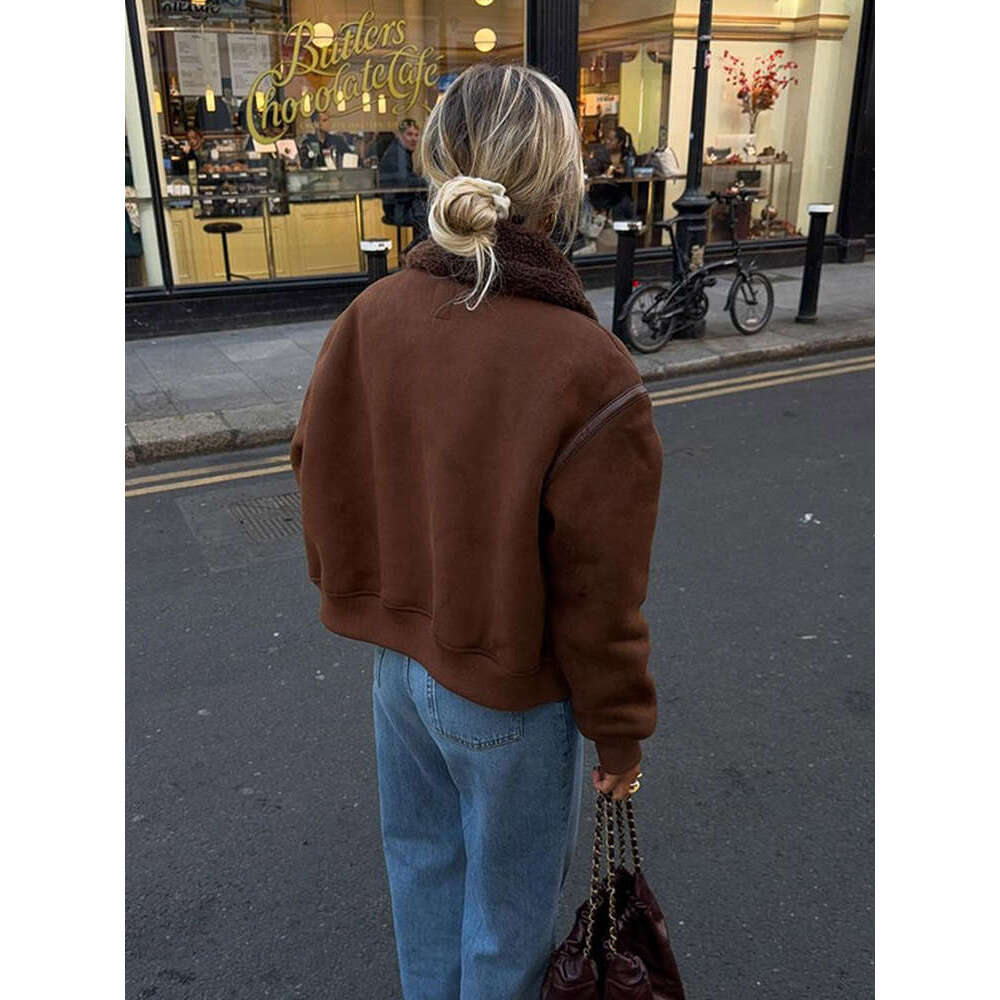 Chic Brown Adjustable Long Sleeve Wool Coat Warm Lapel Zipper Patchwork Faux Fur Short Jacket New Winter Female High Streetwear