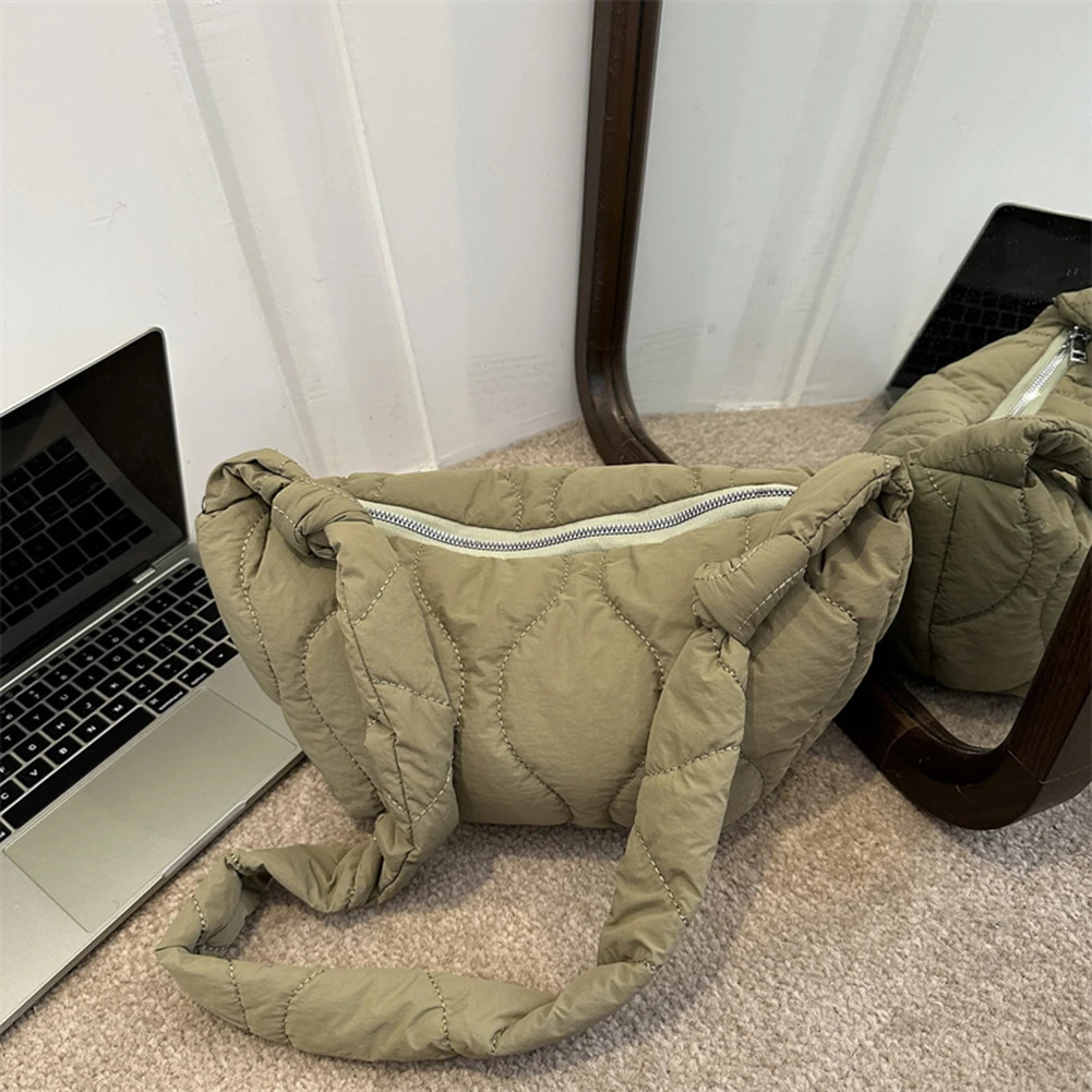 Female Puffer Shoulder Bag Soft Pillow Shopper Ruched Messenger Padded Tote Handbag Winter Checkered Purses 241017