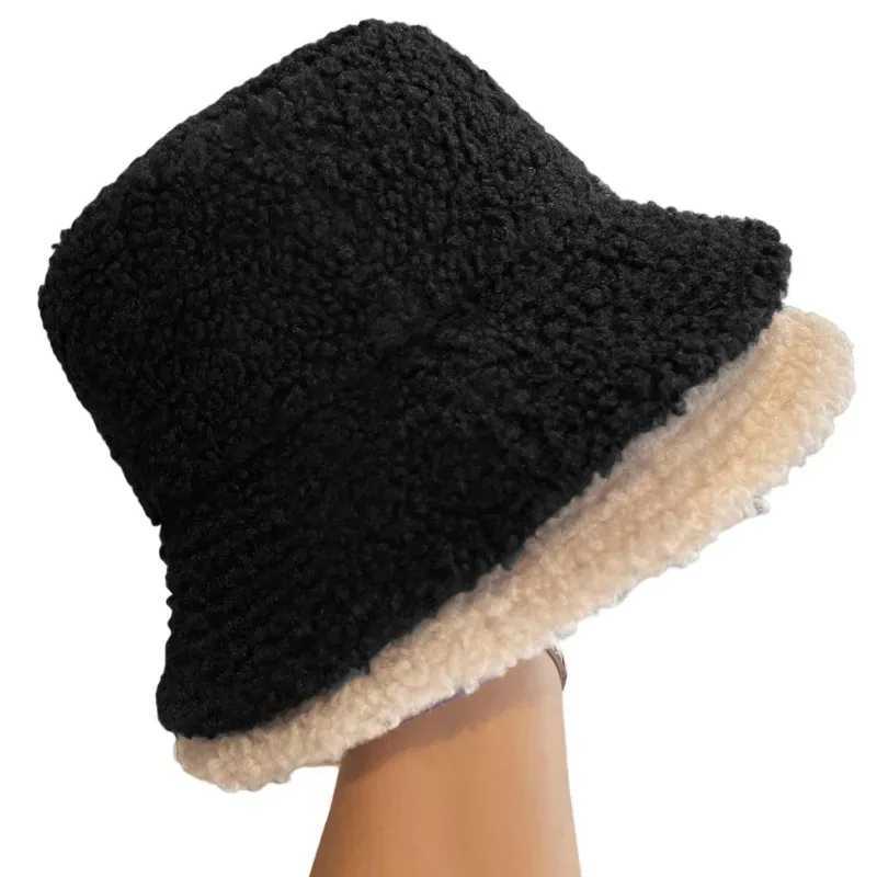 Lamb Faux Fur Bucket Hat Winter Warm Velvet Hats for Women Lady Thicken Bob Panama Outdoor Street Fisherman Hats Caps GirlsX241025