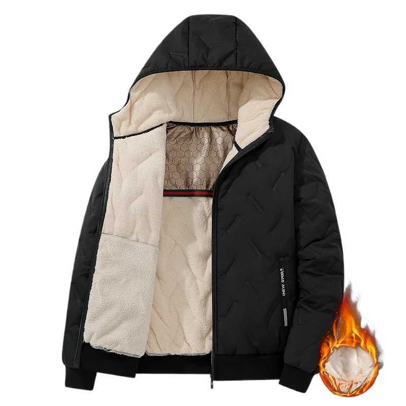 Winter jacket mens hooded cashmere thick jacket 2024 new casual graphene cotton jacket mens solid Flce windproof apron jacket W241024