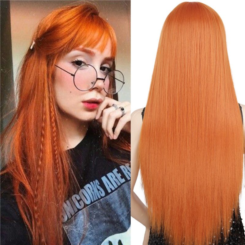 Hot selling wig for women purple long straight hair with bangs simulation scalp long hair full headpiece