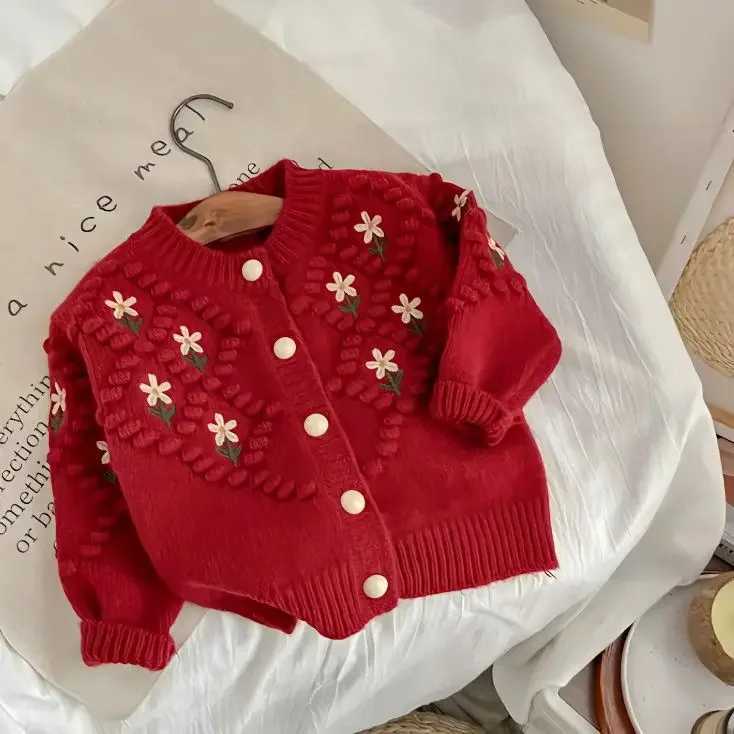 Girls sweater cardigan wool sweater autumn and winter new Korean childrens spring knitted thick top round neck knitted sweater W241025
