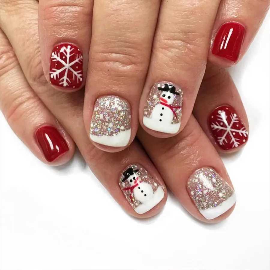 24Pcs Christmas Red French Press on Nails New Year Gift Fake Nail Snowflake Christmas Tree False Nail Wearable Short Square NailXJ241025