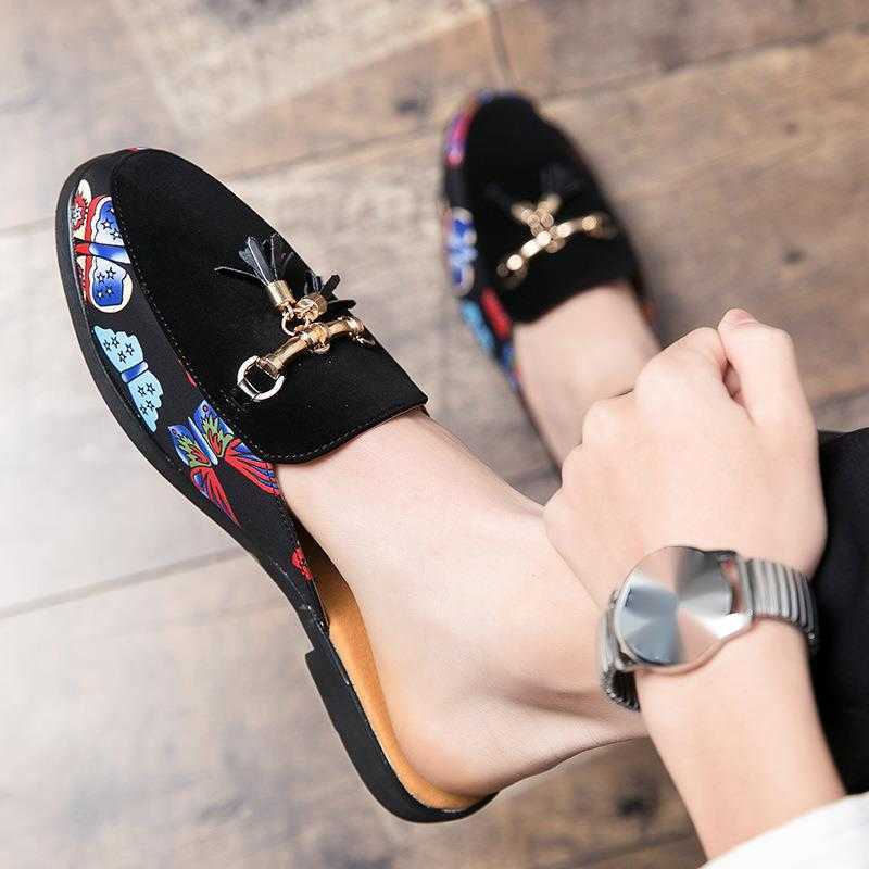 Men Dress Shoes Summer Breathable Half Slippers Mens Korean Version Casual One Foot Lazy Cool Slippers Bean Shoes Small Leather Shoes 241009