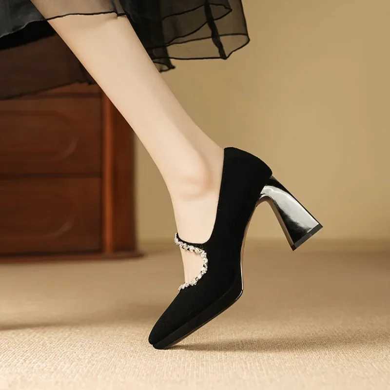 High Quality Sexy Pointed Toe Black Suede High Heels Autumn New Luxury Rhine Womens Pump Elegant Shallow Mouth Girls Date Shoes T241024