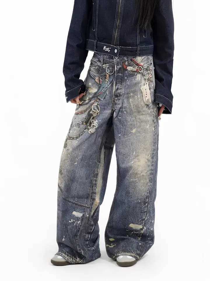 Men's Jeans Y2K Mens Retro Street Printing Digital Crop Printing Jeans Mens Loose Straight Personalized Fashion Mop Wide Legs Trousers Q241024