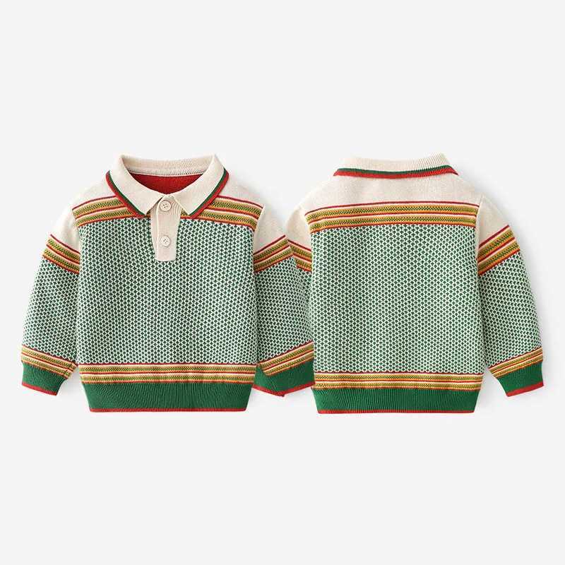 Autumn and winter childrens polo shirt striped patch thickened childrens boy baby boy Pullover cotton elastic hem little boy sweater W241025