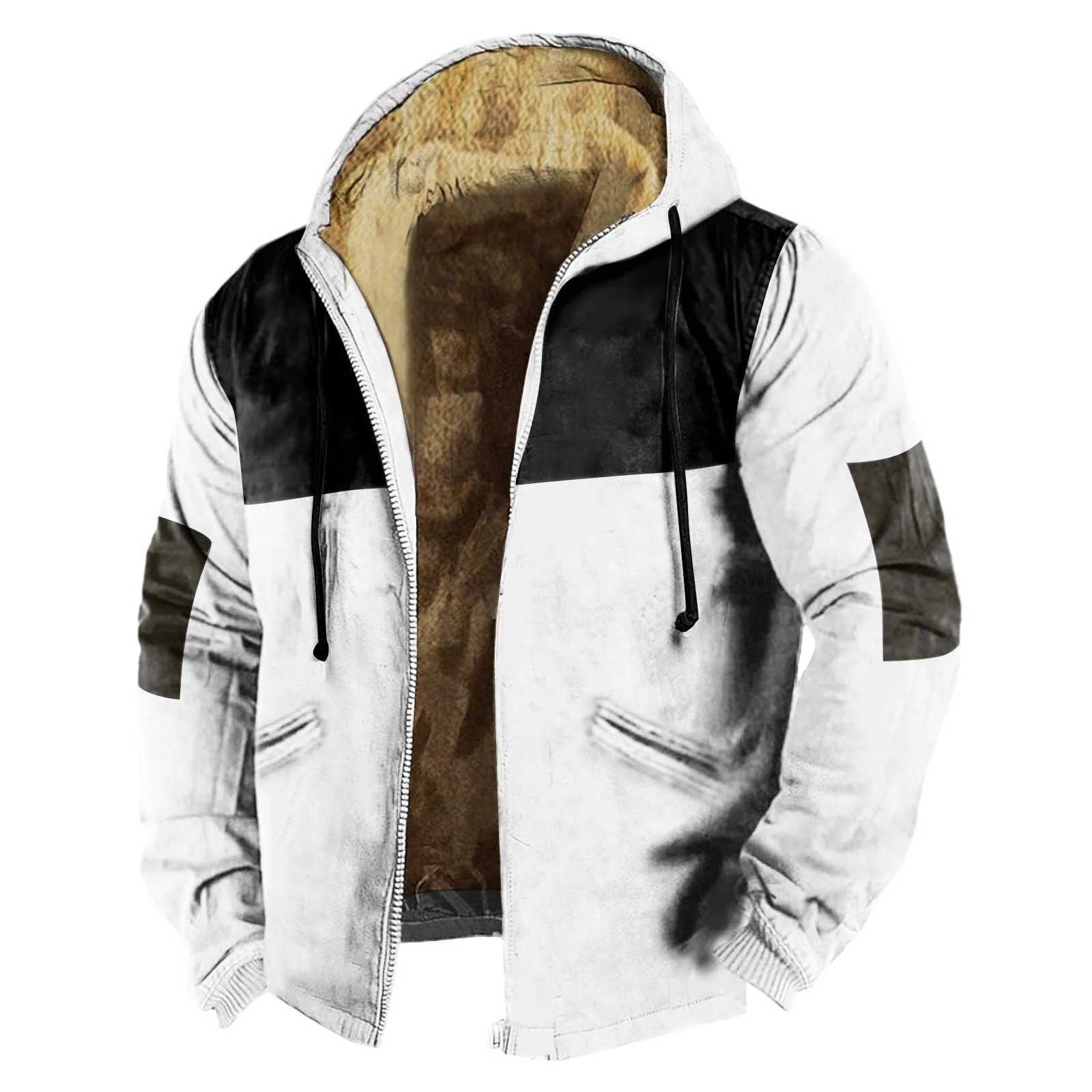 Mens full zipper plush thick warm hooded jacket mens spliced color Ramsworth lined street fashion hooded jacket winter new style W241024