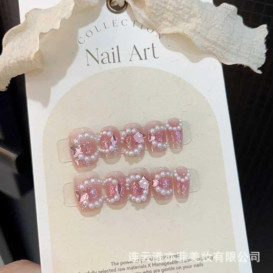 10Pcs French Handmade Press on Nails Flower Fake Nails Short Wearable Stick-on Nails Full Cover False Nail Uas Postizas XJ241025
