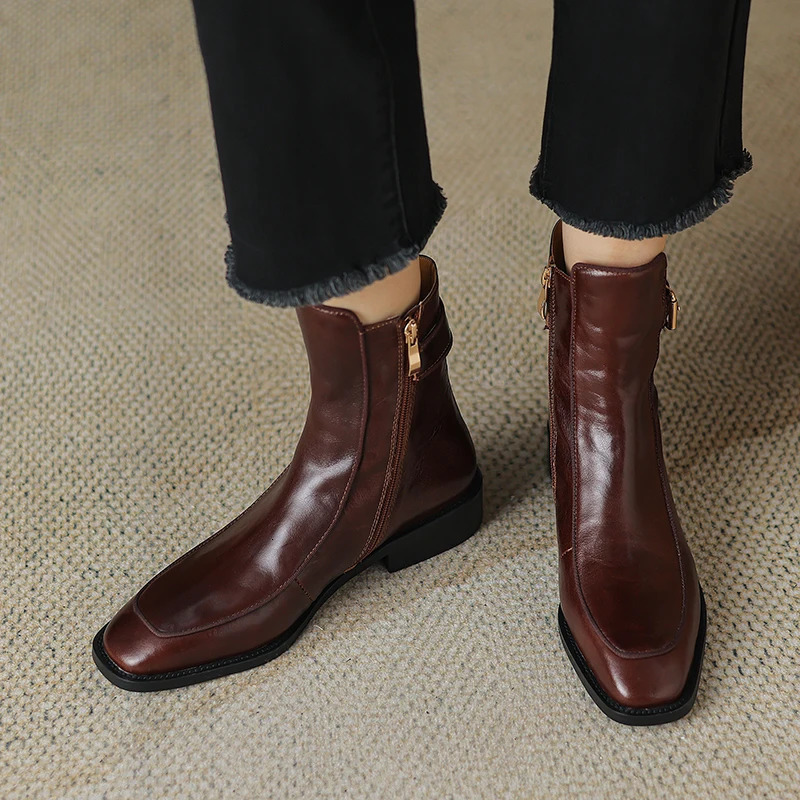 autumn womens boots square toe low heel womens shoes genuine leather retro brown ankle boots block retro leather boots 250225