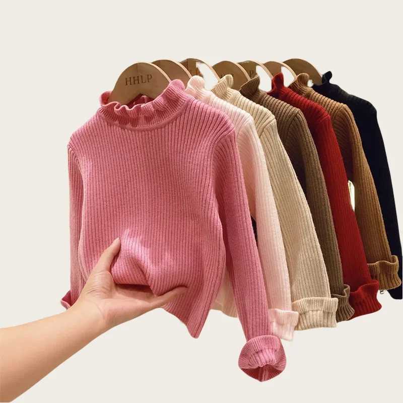 Childrens Sweater Bottom Top 1-6Y 2024 Autumn Solid High Elasticity Girls Knitted Floral Childrens Turtle Neck Sparkling Girls Sweater W241025