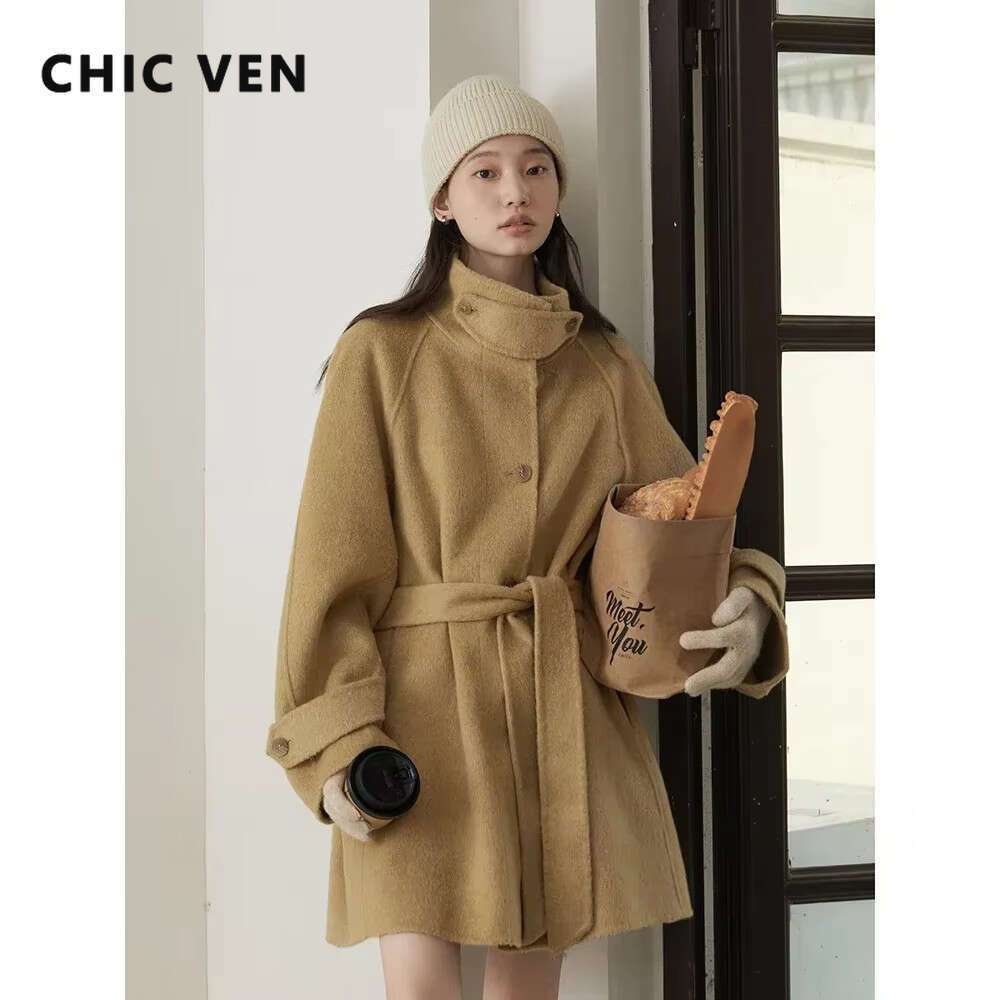 CHIC VEN Korean Women Woolen Coat Single Breasted Loose Stand Collar Belt Long Double-Sided Ladies Overcoat Autumn Winter 2024