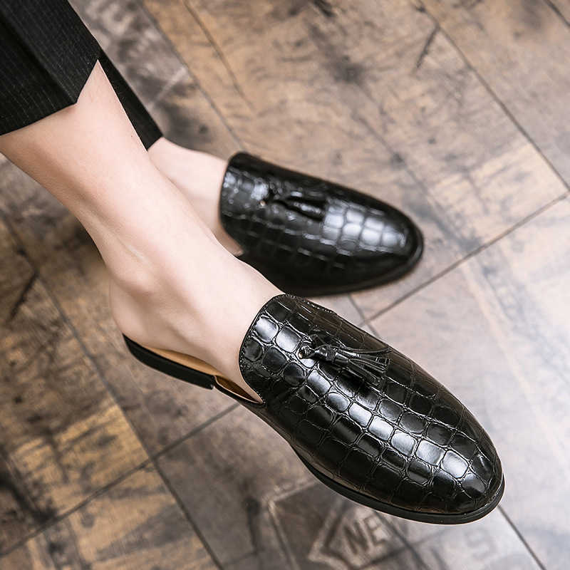 Men Dress Shoes Summer Breathable Half Slippers Mens Korean Version Casual One Foot Lazy Cool Slippers Bean Shoes Small Leather Shoes 241009