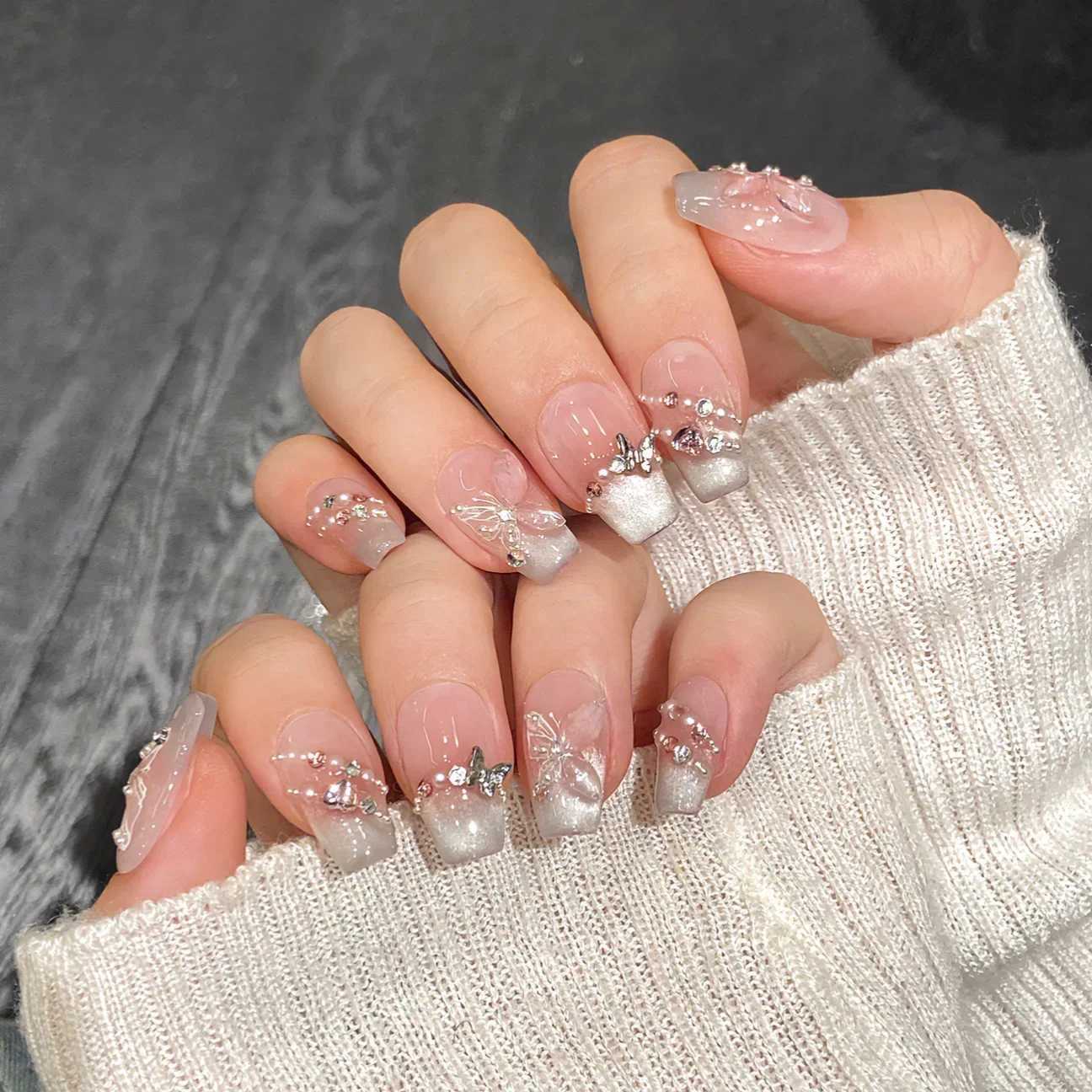 10Pcs Glitter Pink Fake Nail Long Ballet Handmade Nails Art Tip Detachable French Butterfly Design Finished Press on False NailsXJ241025