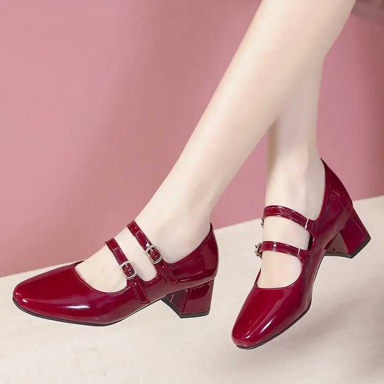 High Quality Autumn New Thick Single Shoes Square Head Shallow Mouth E-Line Buckle Mary Jane Fey High Heels T241024