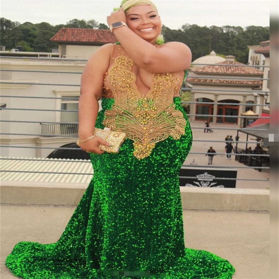Large Size Green And Gold Prom Dresses 2025 Luxury Full Sequin Beaded Crystal Mermaid Evening Dress South African Formal Party Vestios De Fiesta Birth