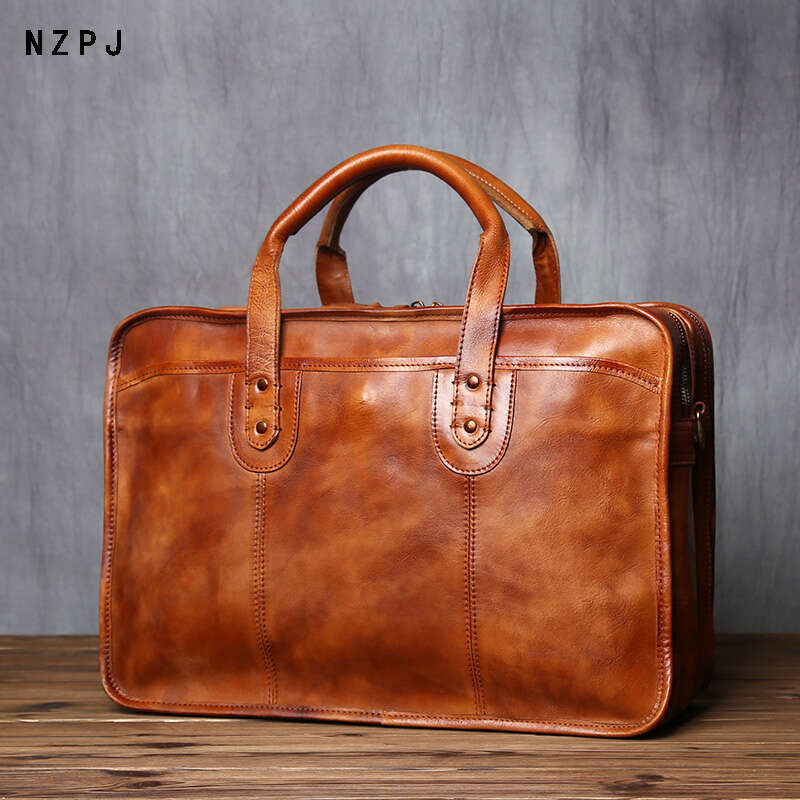 Retro Men's Briefcase Top Layer Cowhide Handbag Travel Handmade Leather Laptop Business Shoulder Crossbody Bag