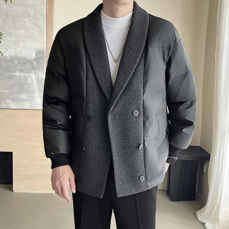 Mens winter wool splicing cotton pad business casual thick warm jacket Korean streetwear fashion Parkas jacket W241024