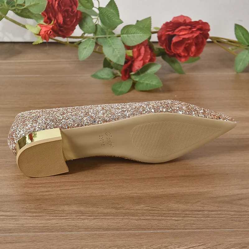 High Quality Gold Low Heels Pumps Women Spring Shiny Glitter Pointed Toe Party Shoes Womens Plus Size Simple Thin Heeled Bride Shoes T241024