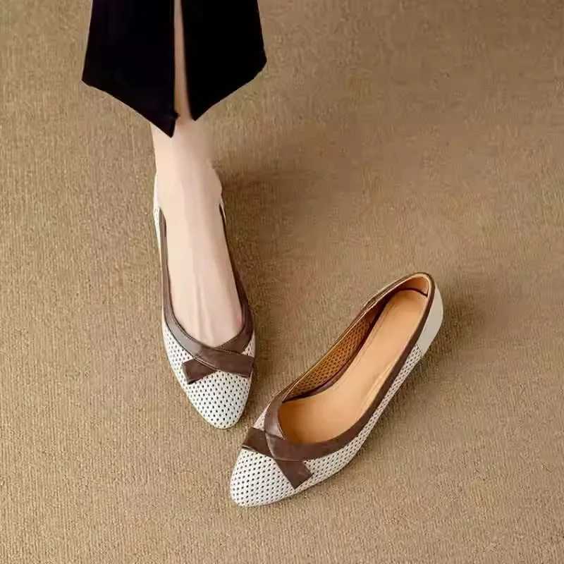 High Quality New genuine leather bow shoes womens hollow breathable pump beige low heel retro womens luxury shoes T241024