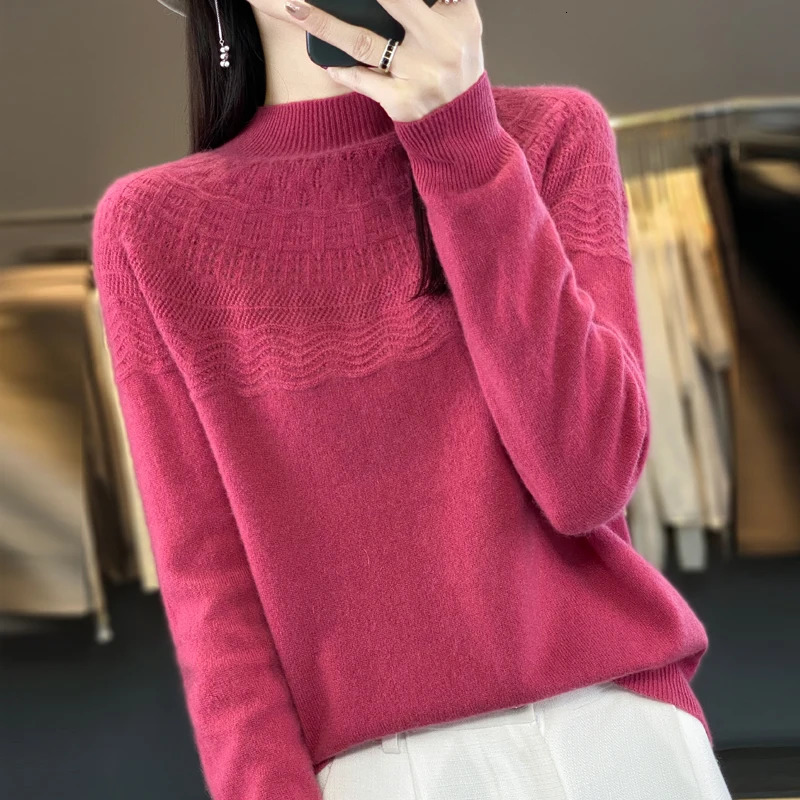 Autumn Winter Women 100% Merino Wool Pullover Mockneck Basic Sweater Hollow Solid Cashmere Knitwear Female Bottoming Shirt 241021