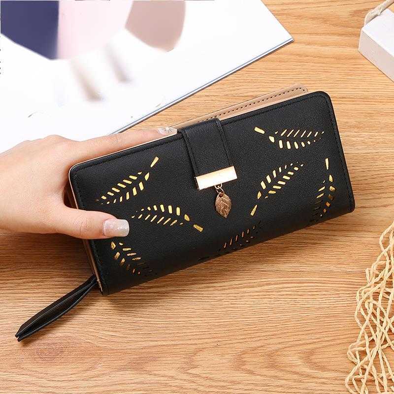 CMM New Womens Wallet Hollowed Out Leaf Wallet Korean Version Two Fold Zipper Long Card Bag Hand Held Bag