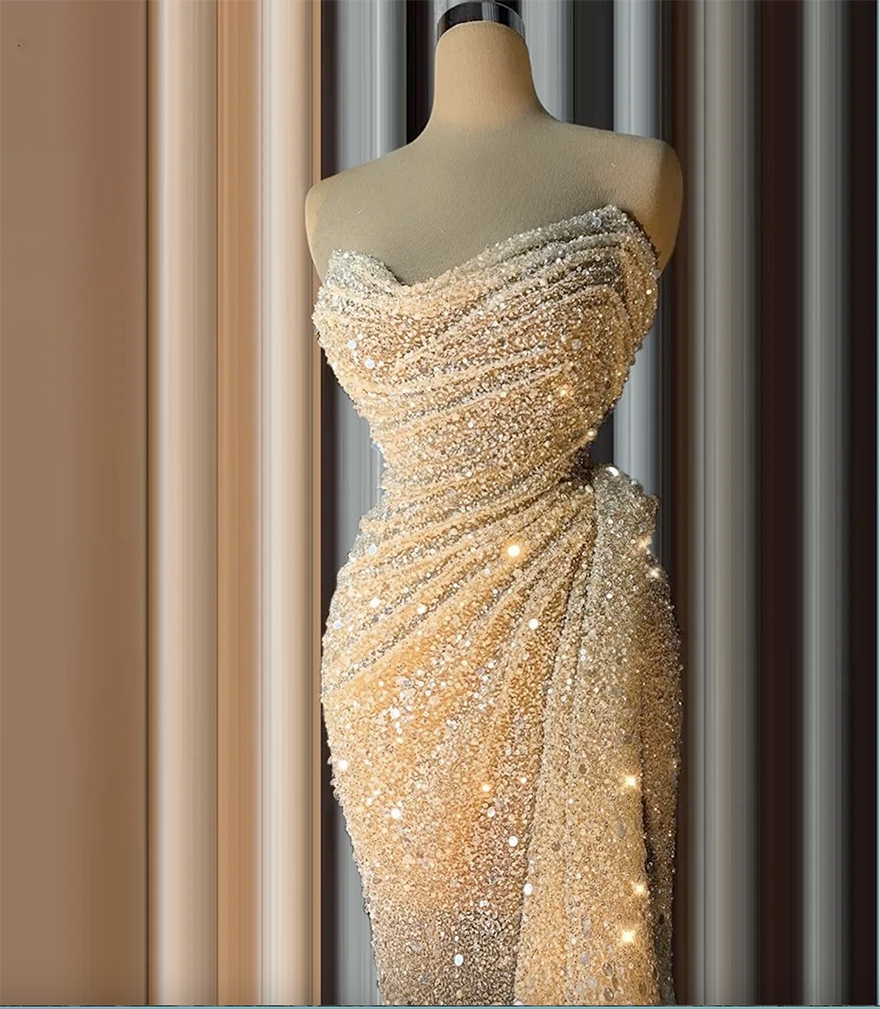Champagne Sequined Mermaid Prom Dresses Pleats Beaded Floor Length Evening Gowns Party Dress Special Occassion robe de soiree