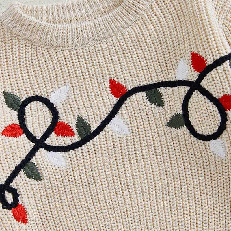 Girl and Boy Christmas Knitted Sweater Long Sleeve O-Neck Beaded Lamp Embroidery Pulling Flower Knitted W241025