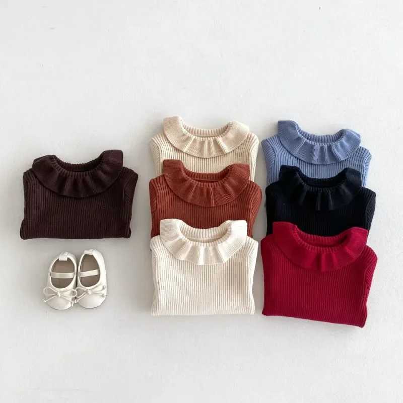 Girls winter long sleeved sweater childrens pleated turtle neck solid latte flower baby knitted bottom warm sweater childrens top W241025