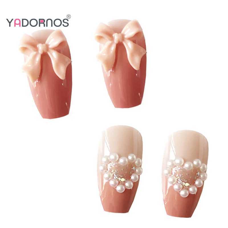 Gradient Pink Fake Nails Bowknot Pearl Love Heart Designs Y2K Girls Long Cofin Nails Press on Sweet Wearable False Nails 24PcsXJ241025