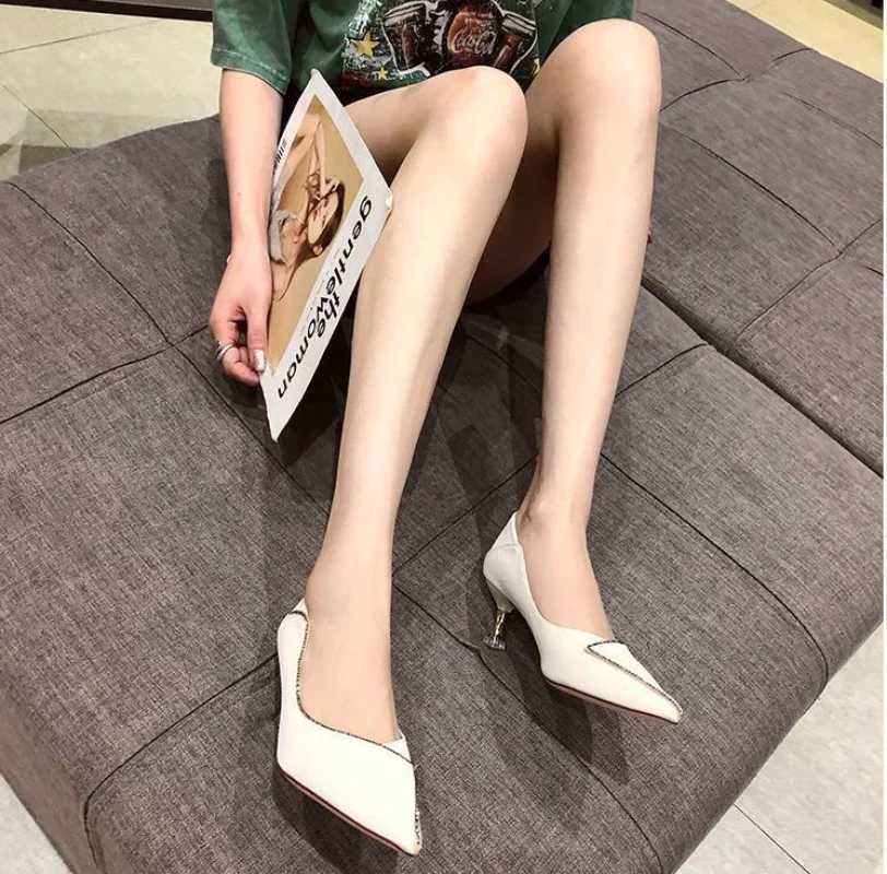 High Quality Pointed Toe sexy womens shoes with mid high heels suitable for womens offices thin Rhine beige popular the last high-quality Y2k T241024
