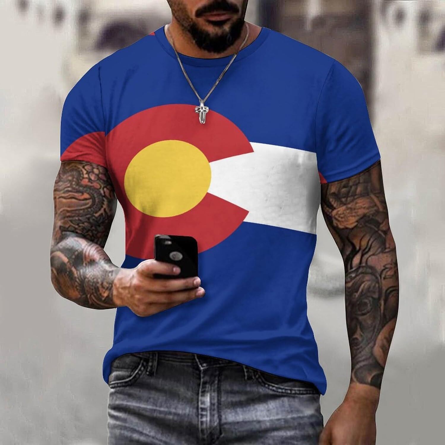 Mens T shirt Colorado State Flag Cotton T-Shirt 3D Printed Casual Shirt Men's Crew Neck T-Shirt tee All-in-one fashion Casual tops summer clothes