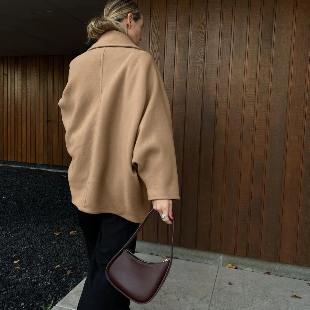 Womens Casual Trench Coat Batwing Sleeve Long Coat Winter Wool Fabric Trench Brown Collar Medium length Jacket 241024