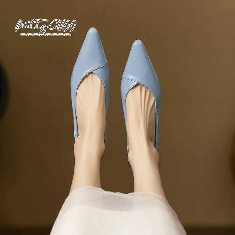 High Quality Brand Design Hollow Folding Heel Womens Soft Leather Dot Toe Dress Shoes Womens Comfortable Office Zapatos Blue T241024