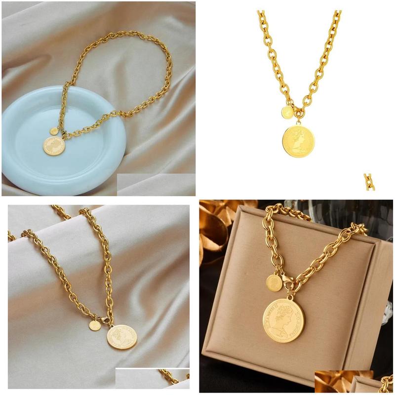 18K Gold Portrait Coin Necklace Designer Stainless Steel Chain Collar Woman Fashion Luxury Gift Drop Delivery Pendants Otzuz