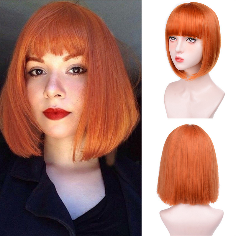 Wig for women black bangs short straight BOBO synthetic fiber wig full headpiece