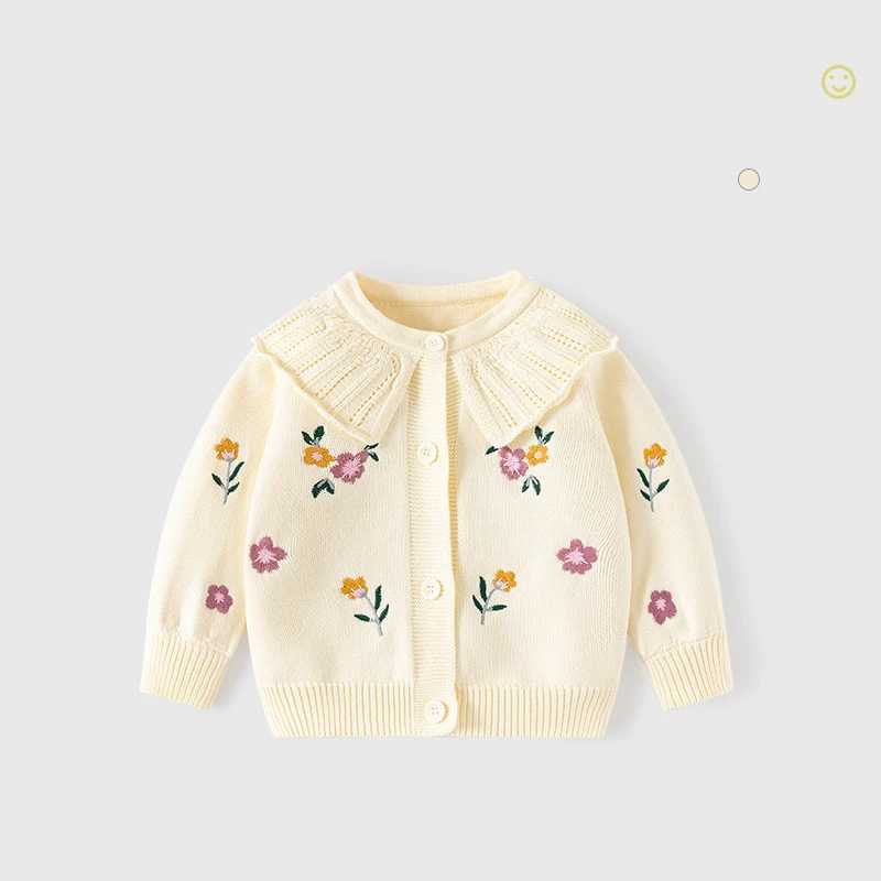 Autumn and winter childrens girls cardigan wool sweater cotton knitted flower embroidered lapel long sleeved baby girls sweater childrens girls coat W