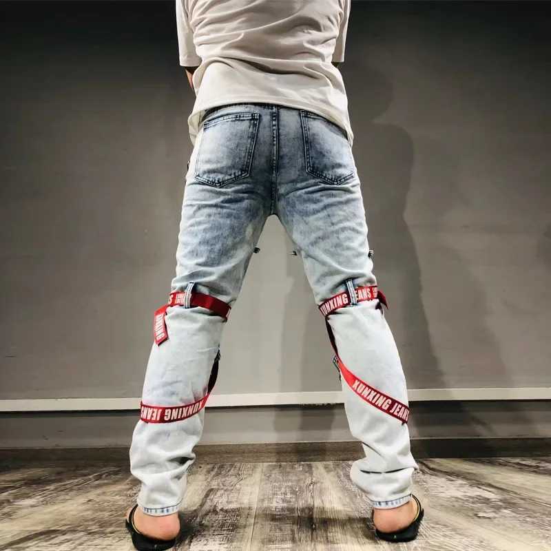 Men's Jeans Vibe style patch with hole tearing punk mens ultra-thin jeans Trouser zipper hip-hop retro pencil denim city pants Q241024