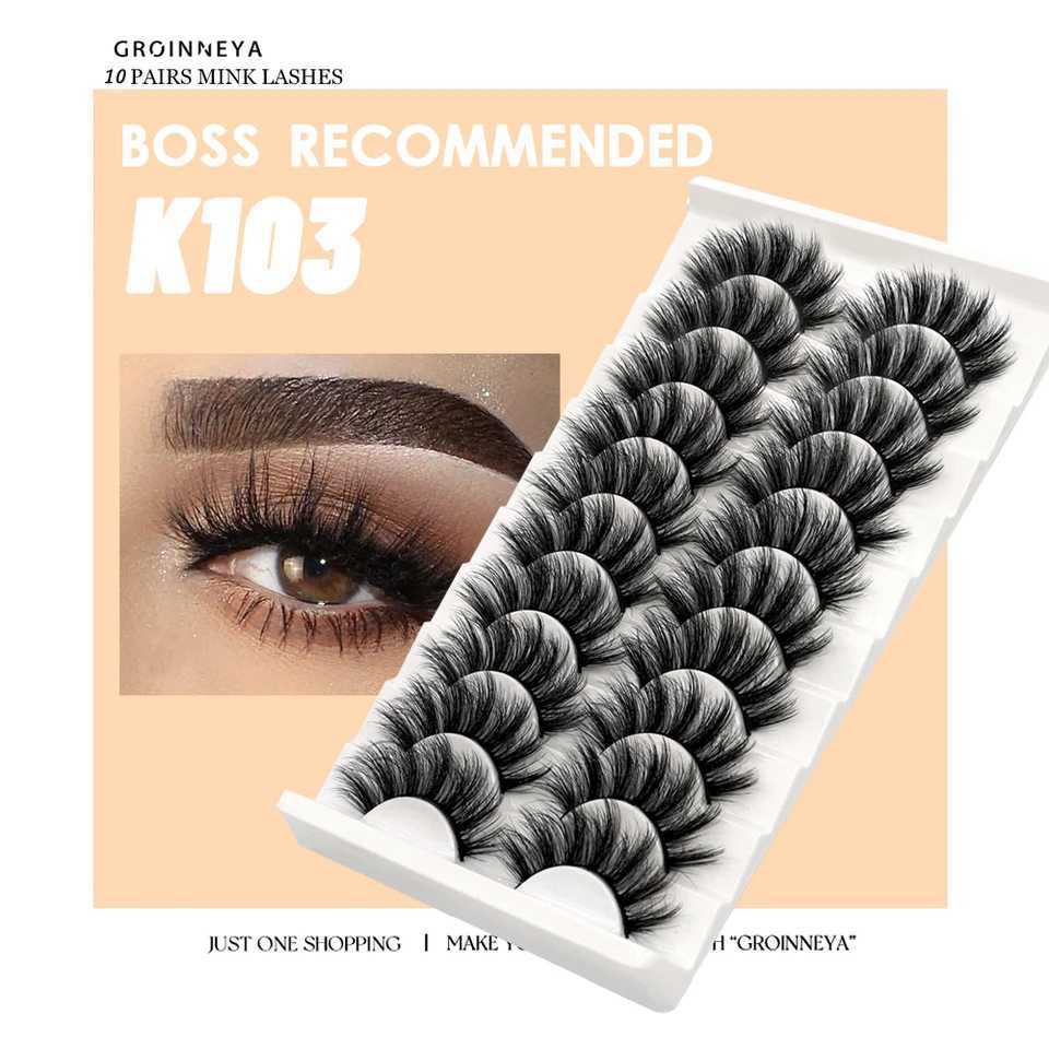 Groinneya 3D false eyelashes 10 pairs of eyelashes 3D mink eyelashes artificial mink fluffy eyelashes soft full thickness Wispy eyelash extensionW2410