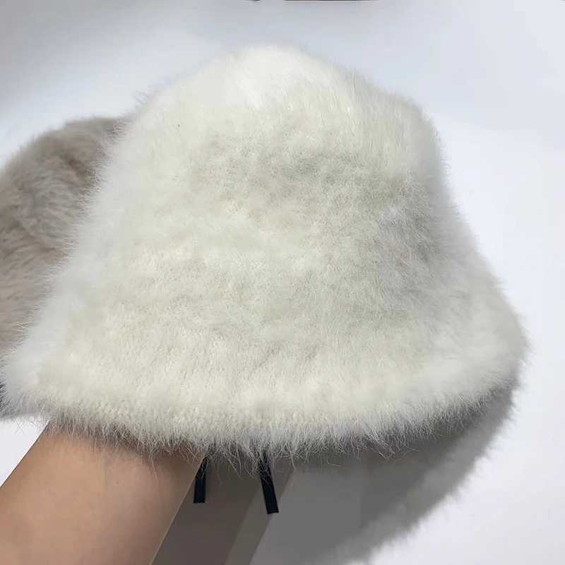 Autumn Winter New Rabbit Fur Bucker Hat for Women Rabbit Fur Korean Versatile Warmth Soft Fisherman Cap Japanese Plush Basin HatX241025