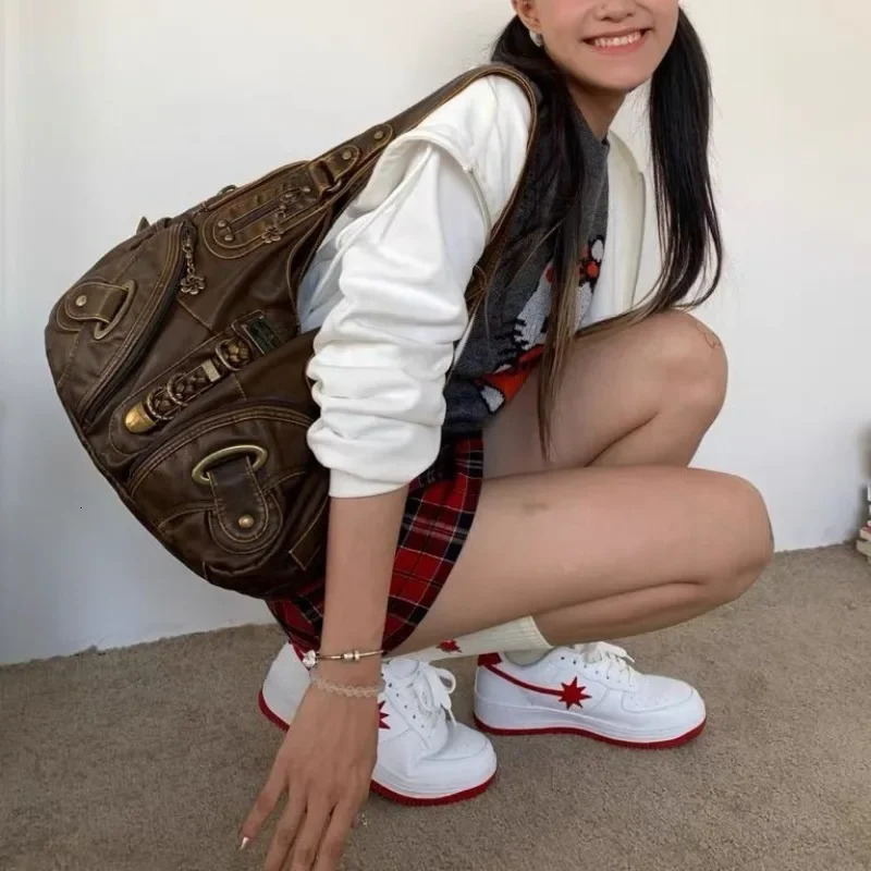 Xiuya Y2k Retro Womens Shoulder Bag Large Capacity Casual Pu Leather Handbag American Retro er Womens Armrest Bag 241024