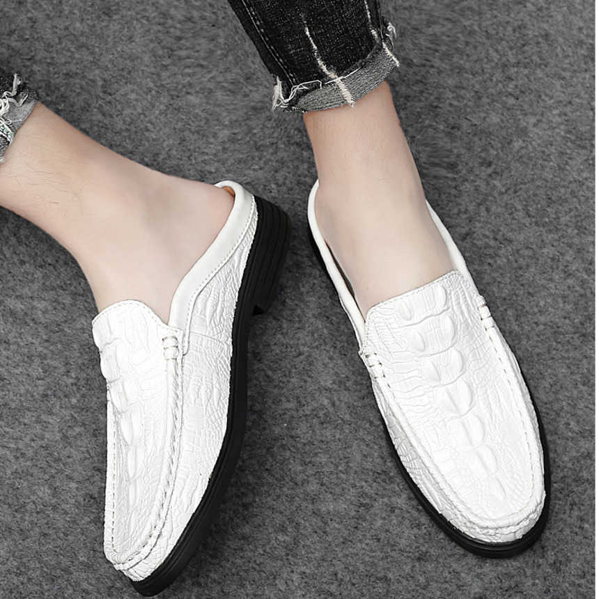 Men Dress Shoes Mens Summer Fashionable Breathable Half Dragged Casual Shoes Mens Korean Edition Crocodile Pattern Casual Leather Shoes 241009