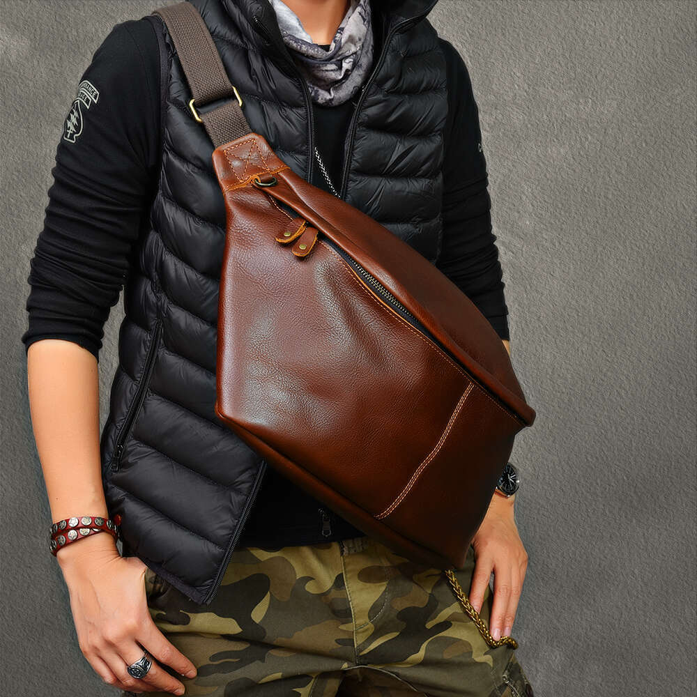 Soft Leahter Oversized Men's Chest Retro Sports Bag Vintage Leather Large Capacity Men Shoulder Crossbody Bags Male 2024