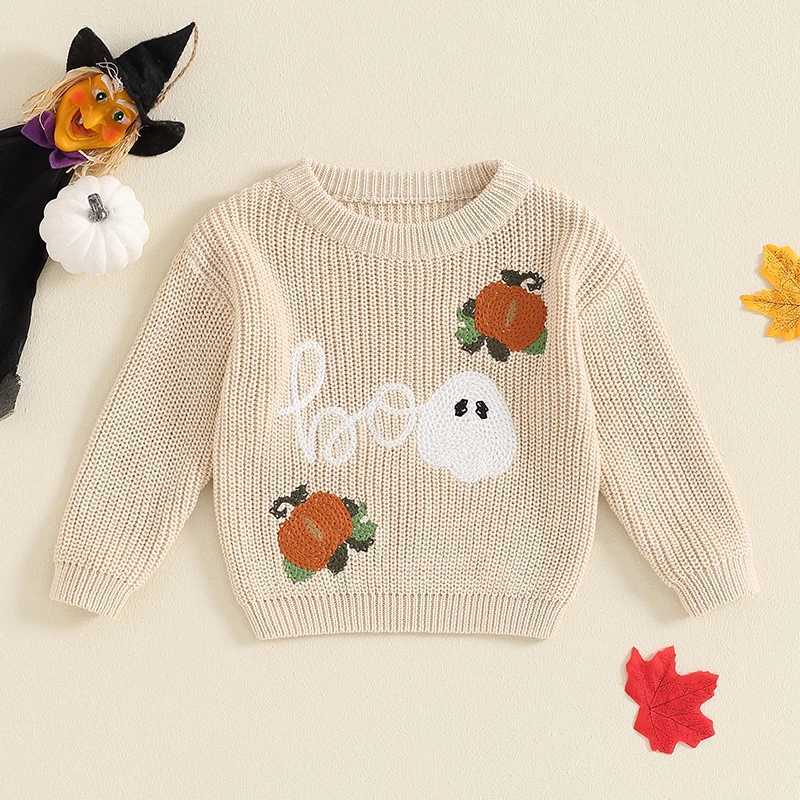 0-6-year-old baby Halloween sweater pumpkin ghost print long sleeved floral knit top suitable for baby boys and girls winter and autumn sweaters W2410
