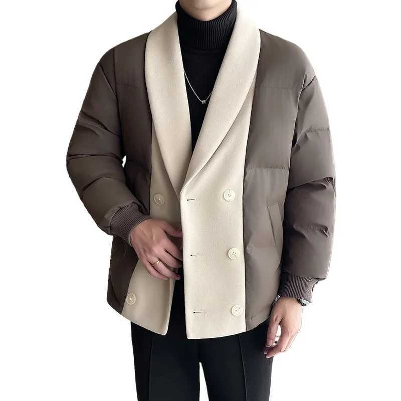 Mens winter wool splicing cotton pad business casual thick warm jacket Korean streetwear fashion Parkas jacket W241024